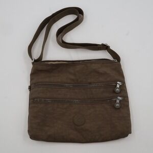 Kipling Crossbody Bag Womens Medium Brown Triple Zip Nylon Adjustable Strap